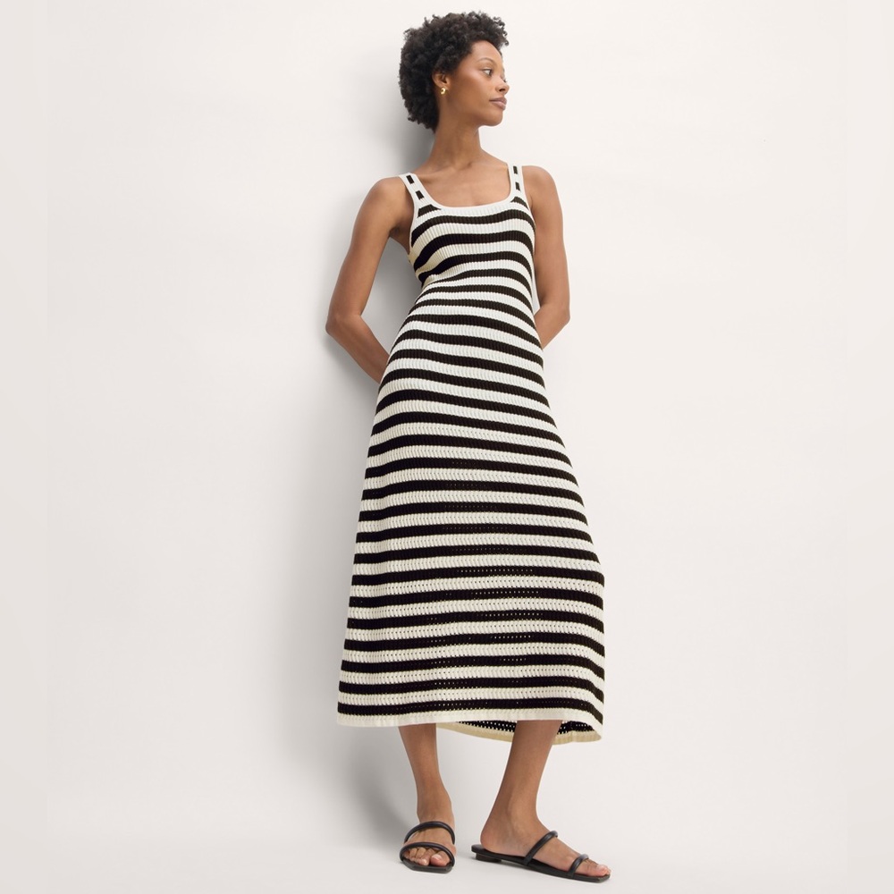 EVERLANE The Crochet Knit Tank Midi Dress Small Black Ivory Stripe Resort Wear